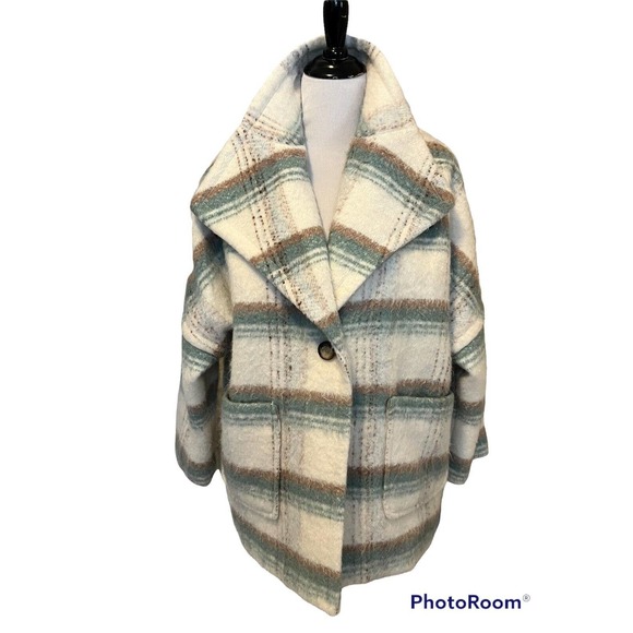 New ANTHROPOLOGIE Elsa •XS P Petite•Cream Blue Plaid Fuzzy Oversized Coat Jacket - Picture 4 of 11